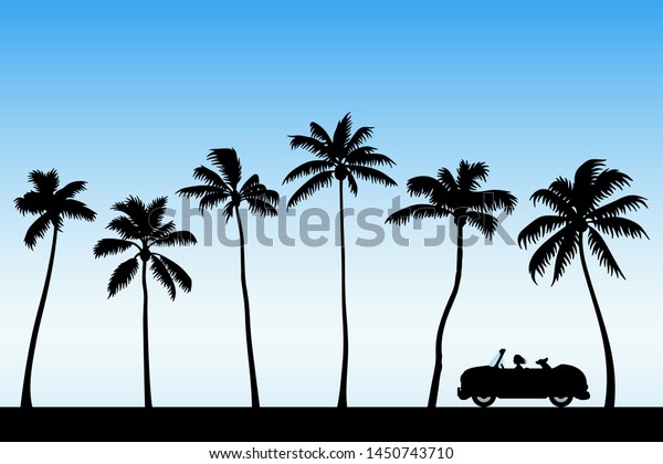 Cartoon retro car on palm beach. Vector\
illustration with silhouettes of woman and dog traveling in camper.\
Family road trip. Blue pastel\
background