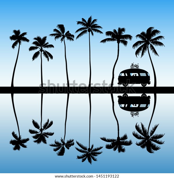 Cartoon retro car on palm beach. Vector\
illustration with silhouettes of people and cat traveling in\
camper. Family road trip. Blue pastel\
background