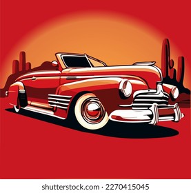 Cartoon retro car on a red background. Vector illustration	