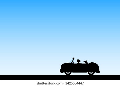 Cartoon retro car on road. Vector illustration with silhouettes of woman and dog traveling in camper. Family road trip. Blue pastel background