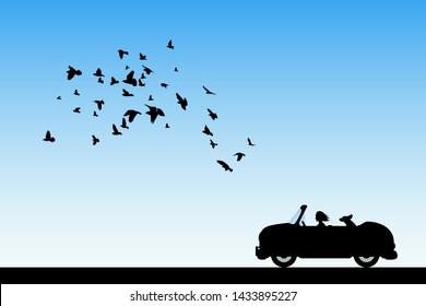 Cartoon retro car on road. Vector illustration with silhouettes of woman and dog traveling in cabriolet. Flocks of birds flying in sky. Blue pastel background