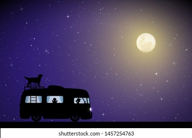 Cartoon retro car on road on moonlit night. Vector illustration with silhouettes of people and dog traveling in camper. Family road trip. Full moon in starry sky