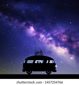 Cartoon retro car on road at night. Vector illustration with silhouettes of people and cat traveling in camper. Family road trip. Space dark background with starry sky and Milky Way