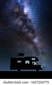 Cartoon retro car on road at night. Vector illustration with silhouette of man traveling in camper. Family road trip. Space dark background with starry sky and Milky Way
