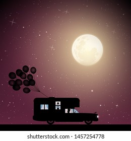 Cartoon retro car on road on moonlit night. Vector illustration with silhouettes of woman traveling in camper. Family road trip. Full moon in starry sky