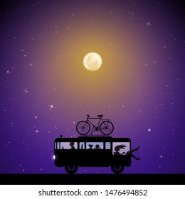 Cartoon retro car on road on moonlit night. Vector illustration with silhouettes of parents with children traveling in camper. Family road trip. Full moon in starry sky
