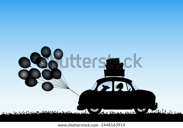 Cartoon retro car on road. Vector illustration\
with silhouettes of people and dog traveling in camper. Family road\
trip. Blue pastel\
background