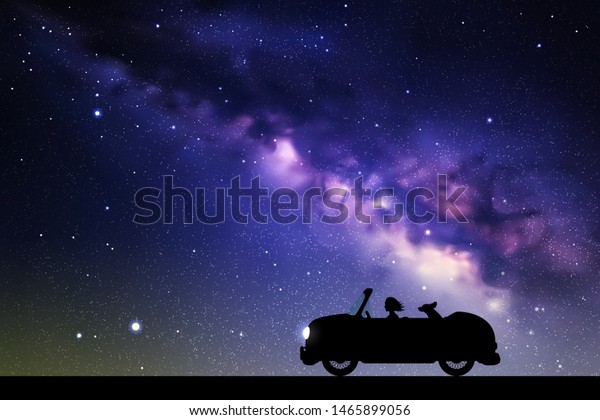 Cartoon retro\
car on road at night. Vector illustration with silhouettes of woman\
and dog traveling in camper. Family road trip. Space dark\
background with starry sky and Milky\
Way