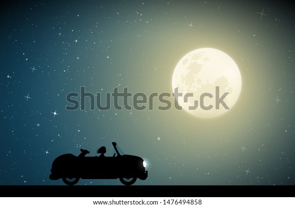 Cartoon retro car on road on\
moonlit night. Vector illustration with silhouettes of woman and\
dog traveling in camper. Family road trip. Full moon in starry\
sky\
