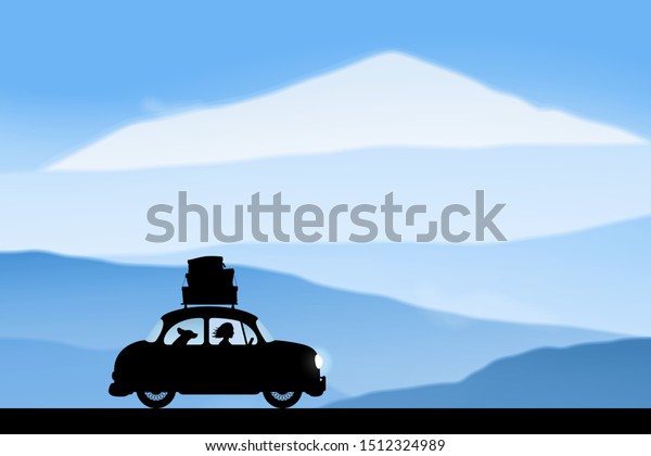Cartoon retro car on road\
in winter. Vector illustration with silhouettes of woman and dog\
traveling in camper. Family road trip. Background with mountain\
foggy landscape