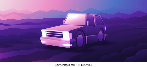Cartoon retro car rides on dirt road on beautiful sunrise background.