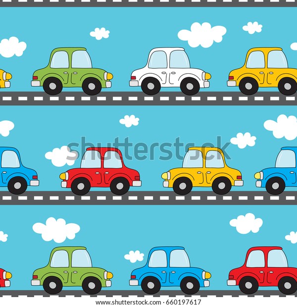 Cartoon retro car, road,\
clouds