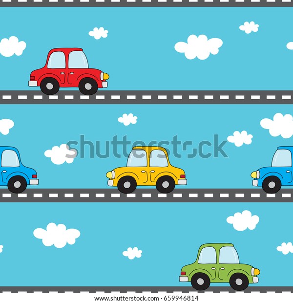 Cartoon retro car, road,\
sky, clouds
