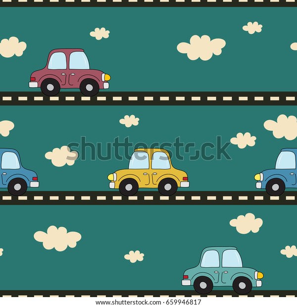 Cartoon retro car, road,
sky, clouds