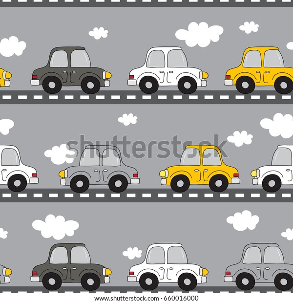 Cartoon retro car, road,\
sky, clouds