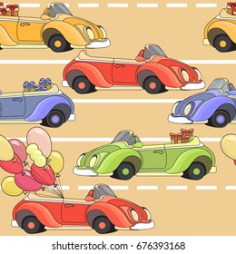 Cartoon retro car seamless pattern. Vector illustration. Automobile toys with gifts and  balloons on beige background.