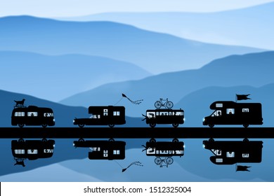 Cartoon Retro Cars On Road In Winter. Vector Illustration With Silhouettes Of People And Pets Traveling In Campers. Family Road Trip. Background With Mountain Foggy Landscape