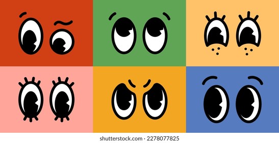 Cartoon retro character comic eyes emotions set on colored backgrounds. Vector illustration