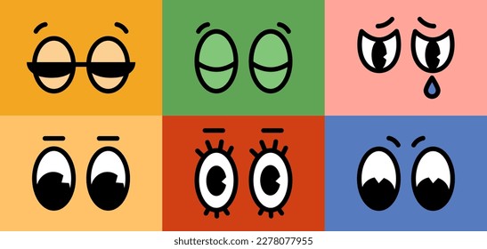 Cartoon retro character comic eyes emotions set on colored backgrounds. Vector illustration