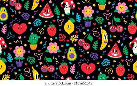 Fondo de los caracteres retro de dibujos animados. Patrón vectorial sin foco con banana divertida, aguacate, cereza, fresa, cactus, flor, corazón, sandía. Ilustración vectorial en diseño plano, estilo cómico vintage