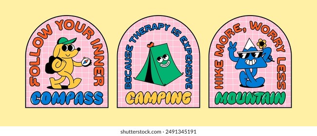 Conjunto de personajes retro de dibujos animados con Ilustraciones triples. Antiguas Fun Doodle Pegatinas Sobre Camping. Vector Divertido Y2k Lindas Ilustraciones con Cotizaciones