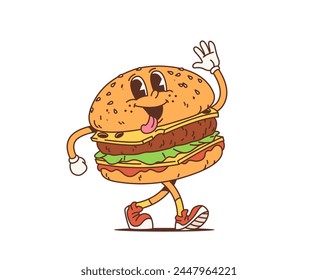 Cartoon retro cheeseburger groovy character waving hand and showing tongue. Isolated vector tasty burger fast food personage with wide smile, cheese, beef and lettuce exudes cool funky 60s or 70s vibe