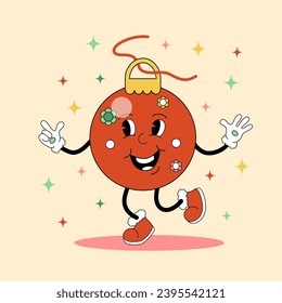 Cartoon retro Christmas Ball with face and decor on decorated background. Vector flat holiday illustration in vintage style. Image of cute winter character with smile for festive banner or poster
