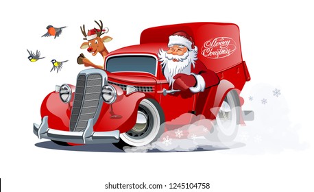 Cartoon retro Christmas delivery van. Available eps-10 vector format separated by groups with transparency effects for one-click repaint