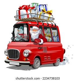 Cartoon retro Christmas delivery van, Santa and Snowman. EPS-10 vector format separated by groups with transparency effects for easy edit.
