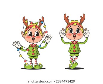 Cartoon Retro Christmas Elves Characters, Decked In Festive Garb, Sport Deer Antlers, Evoking Holiday Cheer