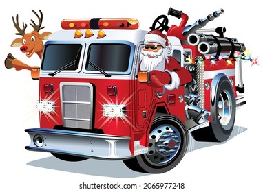 Cartoon Retro Christmas Firetruck, Santa And Reindeer. Available Eps-10 Vector Format Separated By Groups And Layers For Easy Edit