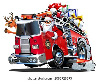 Cartoon retro Christmas firetruck, Santa and reindeer. Available eps-10 vector format separated by groups and layers for easy edit