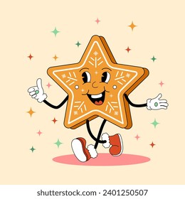 Cartoon retro Christmas Gingerbread with face on color background. Vector flat vintage cookie holiday illustration. Winter bakery star shape character with smile for festive poster or greeting card