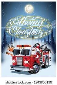 Cartoon Retro Christmas Poster With Firetruck And Santa Claus. Available Eps-10 Vector Format Separated By Groups And Layers For Easy Edit