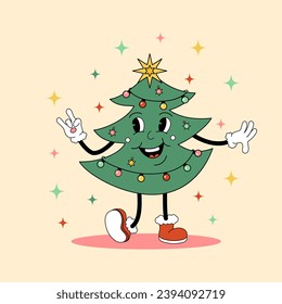 Cartoon retro Christmas Tree with face and garland on decorated background. Vector flat holiday illustration in vintage style. Image of cute winter character with smile for festive banner or poster