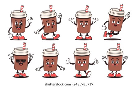 Cartoon Retro Coffee Drink Groovy Character. Isolated Vector Set Of Whimsical Disposable Coffee Cup Personages