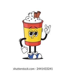 Cartoon Retro Coffee Drink Groovy Character With Cinnamon Sticks And Frothy Swirl Shows Rock Gesture