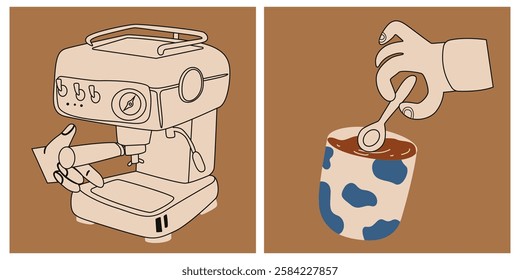 Cartoon retro coffee posters. Craft paper cup, coffee machines, coffee makers, kettles, brewing, glass, cappuccino. Minimalist coffee banners for wall decor, prints. Barista theme