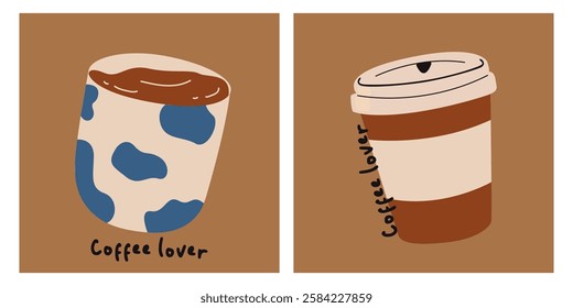 Cartoon retro coffee posters. Craft paper cup, coffee machines, coffee makers, kettles, brewing, glass, cappuccino. Minimalist coffee banners for wall decor, prints. Barista theme