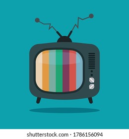 Cartoon Retro Color Noise Tv Icon. Broken Television With Bent Antenna Isolated On Blue Background.