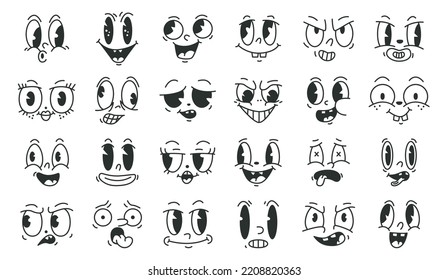 Cartoon retro comic funny 50s faces. Cheerful comic book mascot characters, 60s cartoon animation caricature faces flat vector illustration set. Vintage smile emoji collection