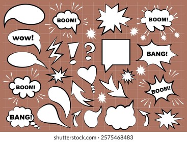 Cartoon retro comic style speech bubbles set. Hand drawn pop art, vintage speech clouds, thinking bubbles, and conversation text elements. Vector illustration.