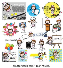 Cartoon Retro Concepts of Waitress - Set of Concepts Vector illustrations