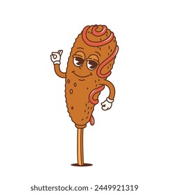 Cartoon retro corndog groovy character or funky fast food, vector comic personage. Happy groovy corndog sausage with Ok alright hand gesture, funny 70s hippie or hipster fastfood in cartoon art