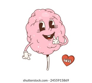 Cartoon retro cotton candy groovy character. Isolated vector pink, fluffy food personage with sweet smile and sugar-spun tendrils, embodying sugary joy and whimsical delight in a vibrant fantasy world