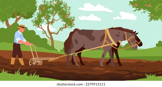 Escena de campo retro de caricatura con granjeros y animales trabajando para cultivar grano orgánico, vieja tecnología de agricultura y producción. Caballos de granja arando suelo de campo con ilustración vectorial de arado