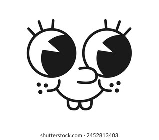 Caricatura retro lindo personaje de emoji con sonrisa dentada, cara bonita, ojos divertidos y pecas en las mejillas, rezuma encanto juguetón. Vector emoticono que combina humor y nostalgia en una expresión facial adorable