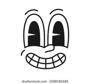 Cartoon retro personagem emoji bonito com um sorriso dentado, rosto groovy, e emoção olho engraçado. Vetor isolado brincalhão, vintage, sorrindo emoticon personage com senso de humor delicioso e nostalgia