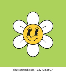 Cartoon Retro Daisy Character Happy Emoji. Cheerful Vintage-style Flower Face Spreading Joy And Nostalgia