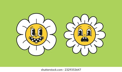 Cartoon Retro Daisy Character Happy And Unhappy Emoji. Cheerful Daisy With A Beaming Smile, Radiating Positivity And Joy